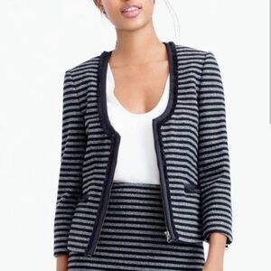 J. Crew| Black Grey Striped Tweed Fringe Trim Scoop Neck Zip Up Blazer Jacket 8